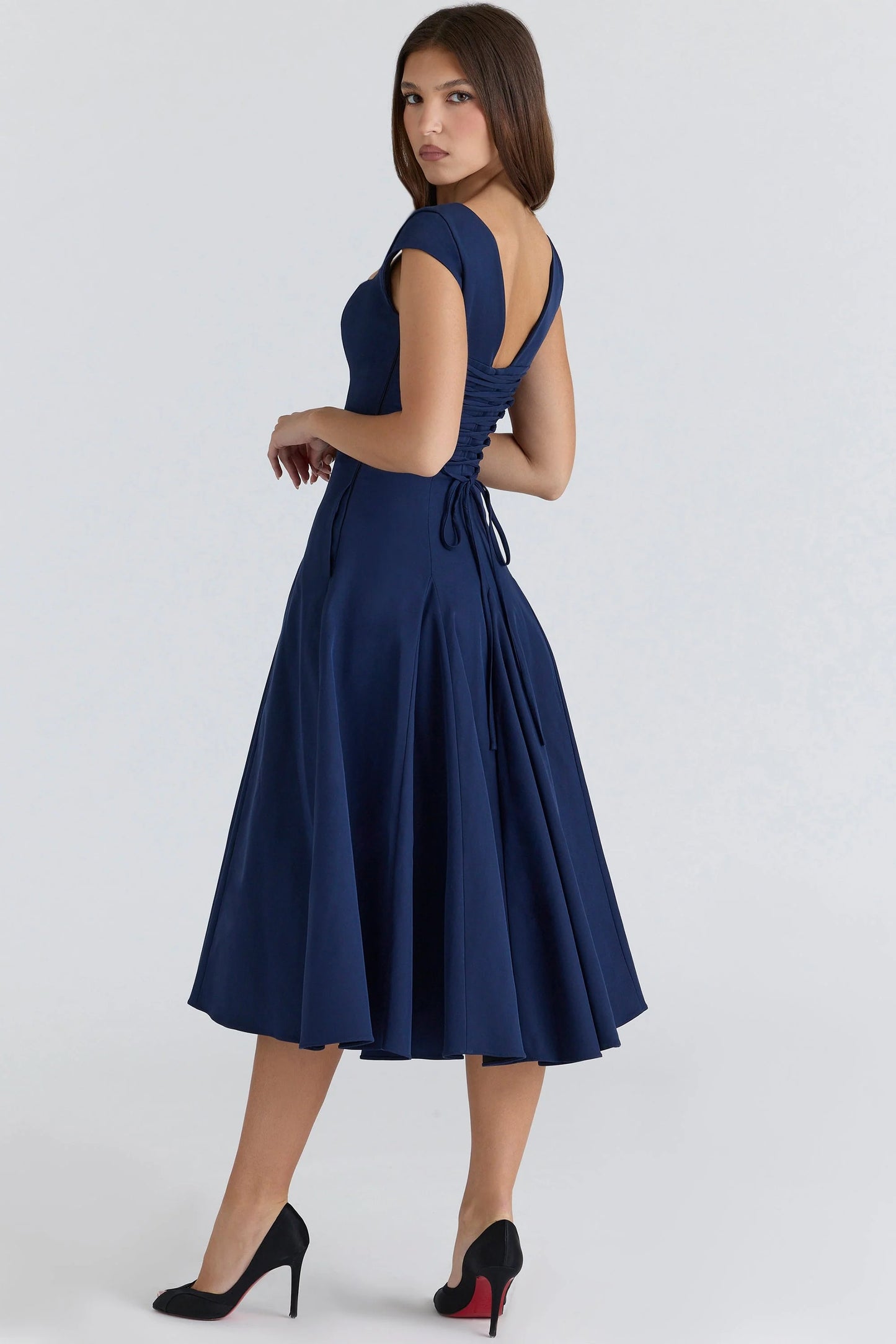 navy lace back twill midi dress
