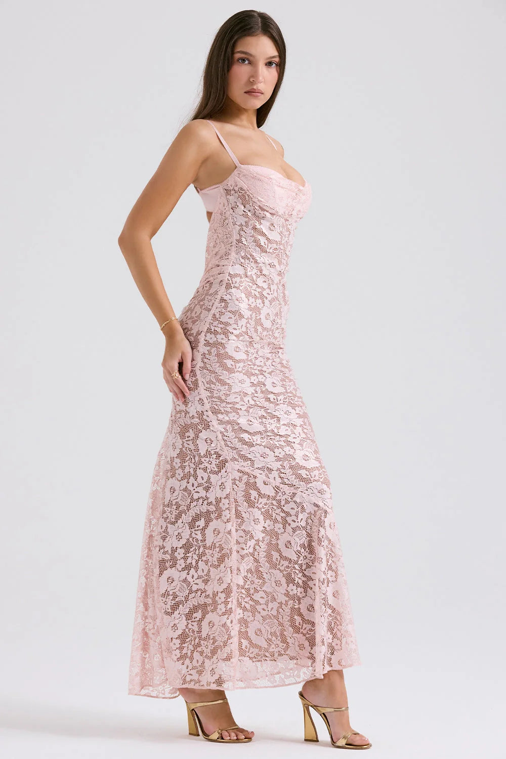rose pink lace godet gown