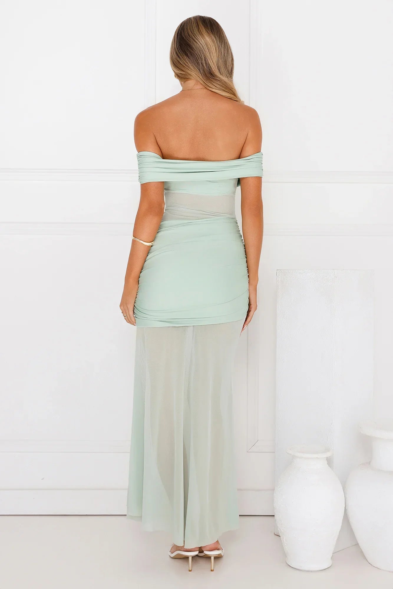 Dewdrop Dream Off Shoulder Mesh Maxi Dress Sage