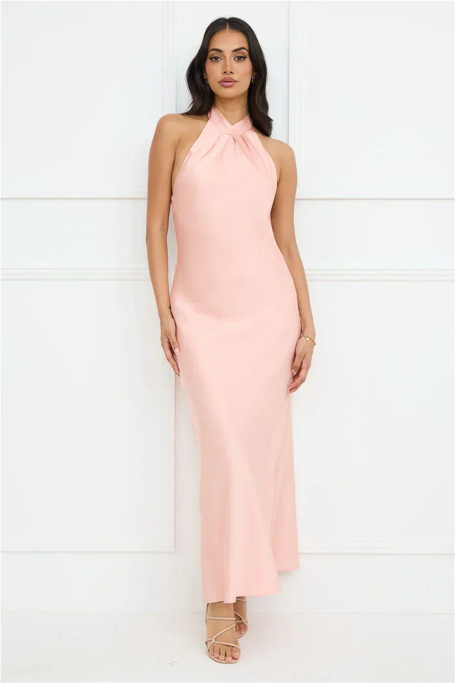 Delicate Dazzle Halter Satin Maxi Dress Peach