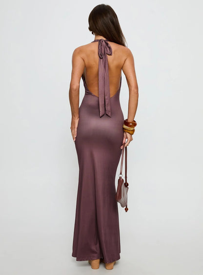 Raleina Halter Cowl Neck Maxi Dress Brown Floral