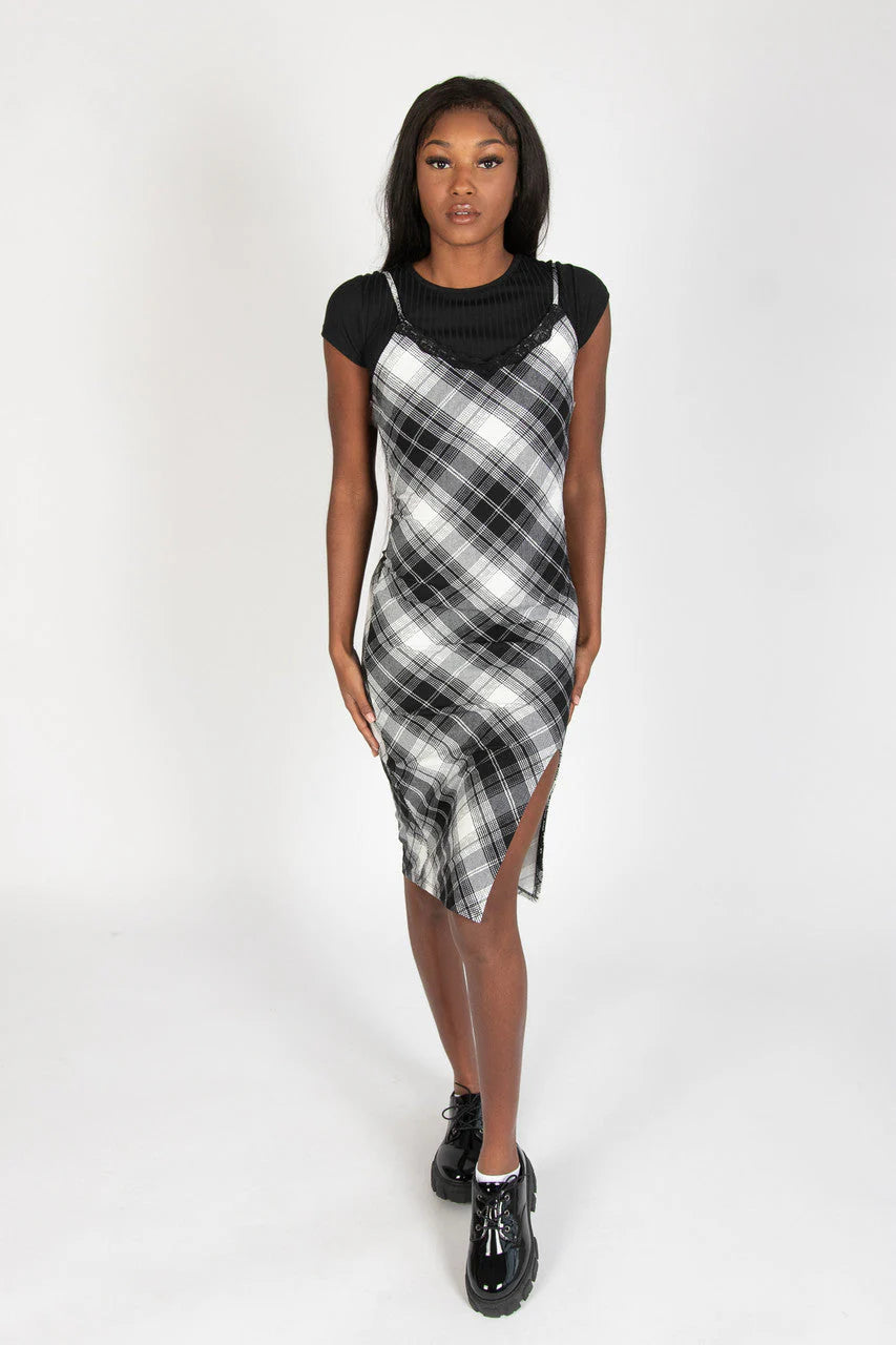 Lace Trim Plaid Midi Dress With Tee