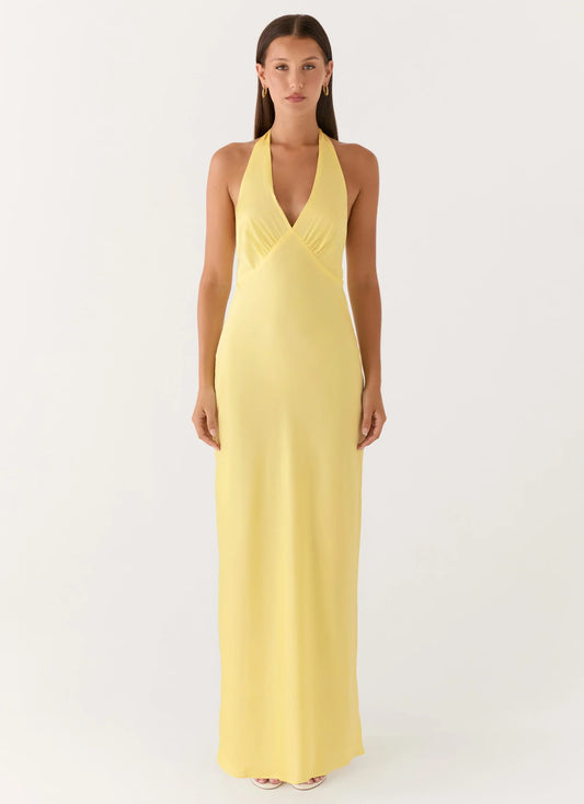 Heavy Hearted Satin Maxi Dress - Lemon