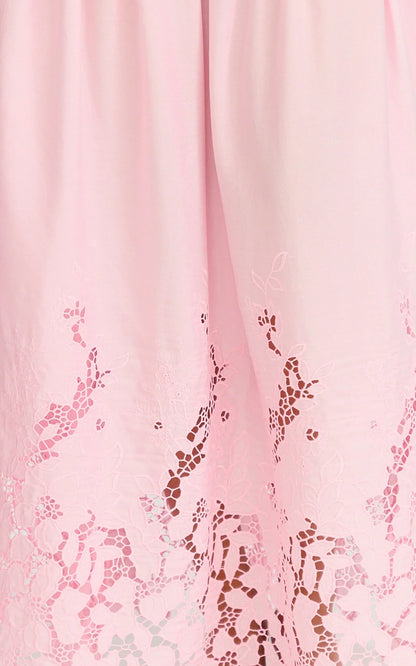 Everly Maxi Dress - Straight Neck Broderie Cut Out Hem Dress in Pink