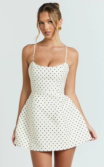 Carolina Mini Dress - Scoop Neck Panel Bodice Dress in White Polka Dot