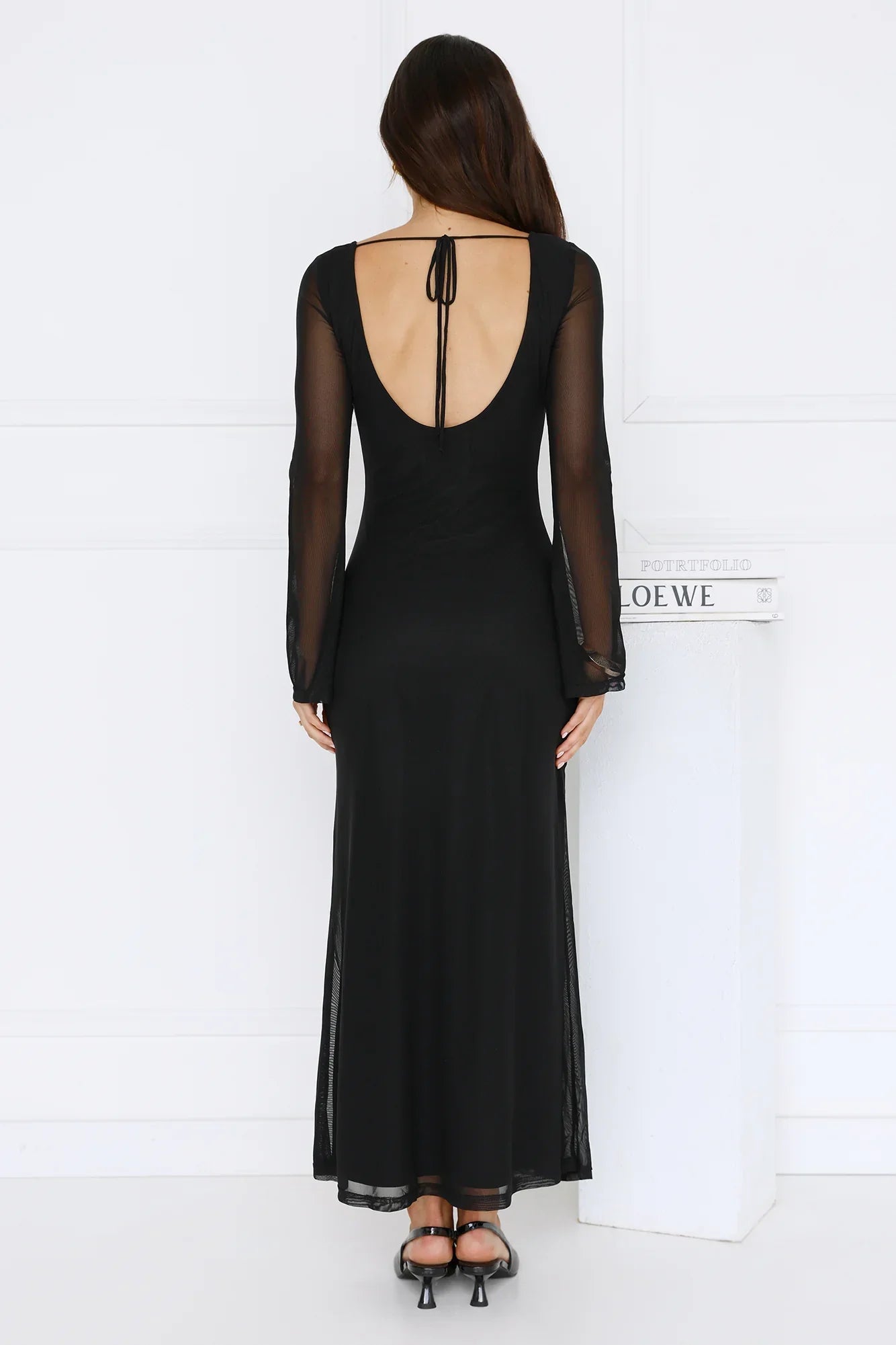 Golden Flower Mesh Long Sleeve Maxi Dress Black