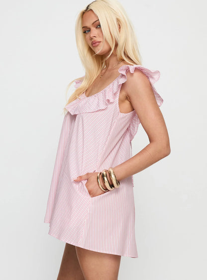 Melodies Frill Smock Mini Dress Pink Stripe