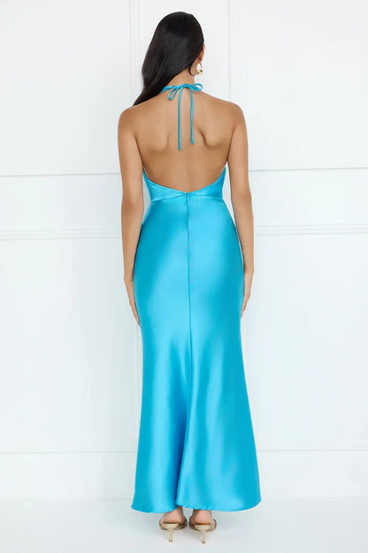 High Sheen Halter Maxi Dress Blue