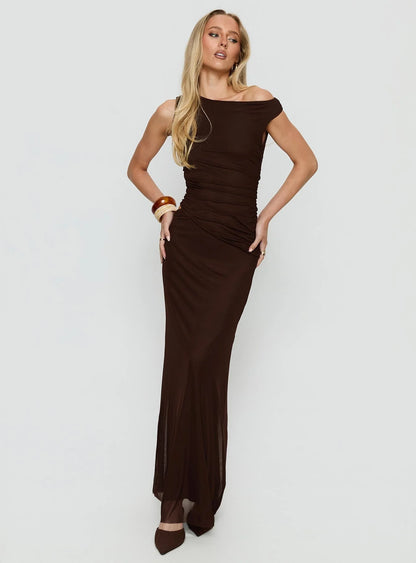 Krystyna Off Shoulder Ruched Maxi Dress Chocolate