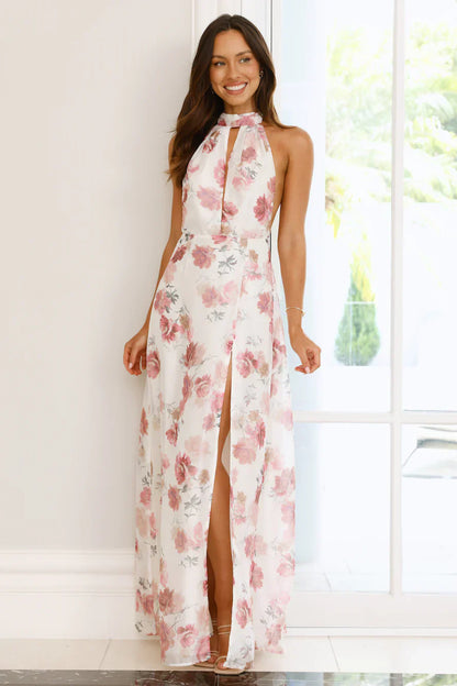 Autumn Florals Halter Maxi Dress Pink