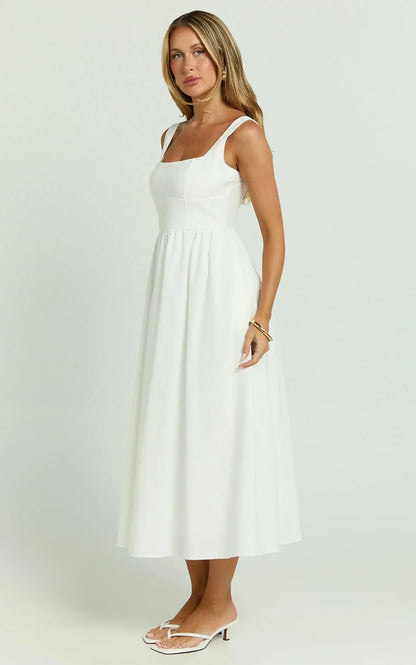 Khari Midi Dress - Linen Look Square A Line Dress in White