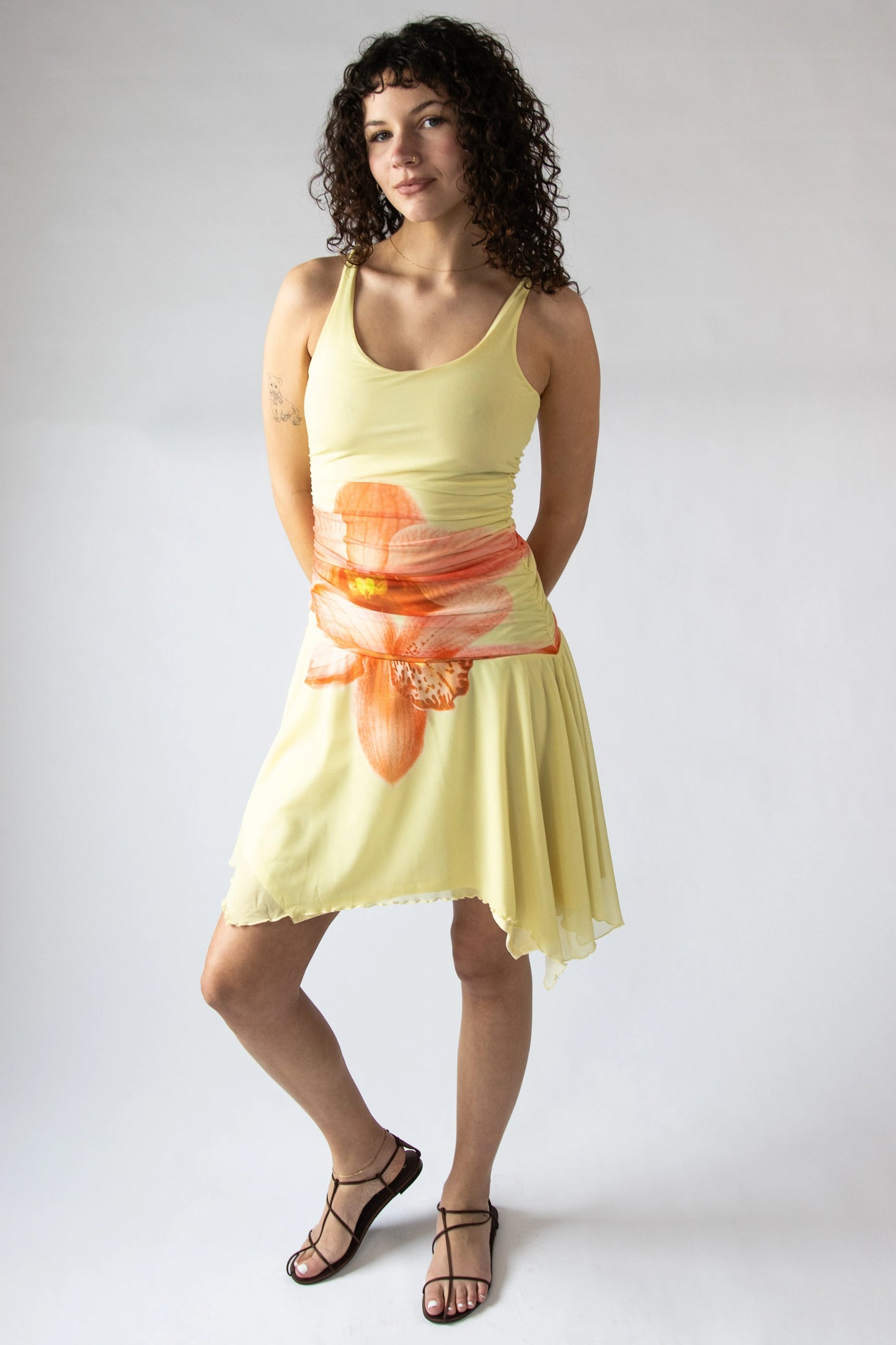 Flower Mesh Hanky Hem Midi Dress