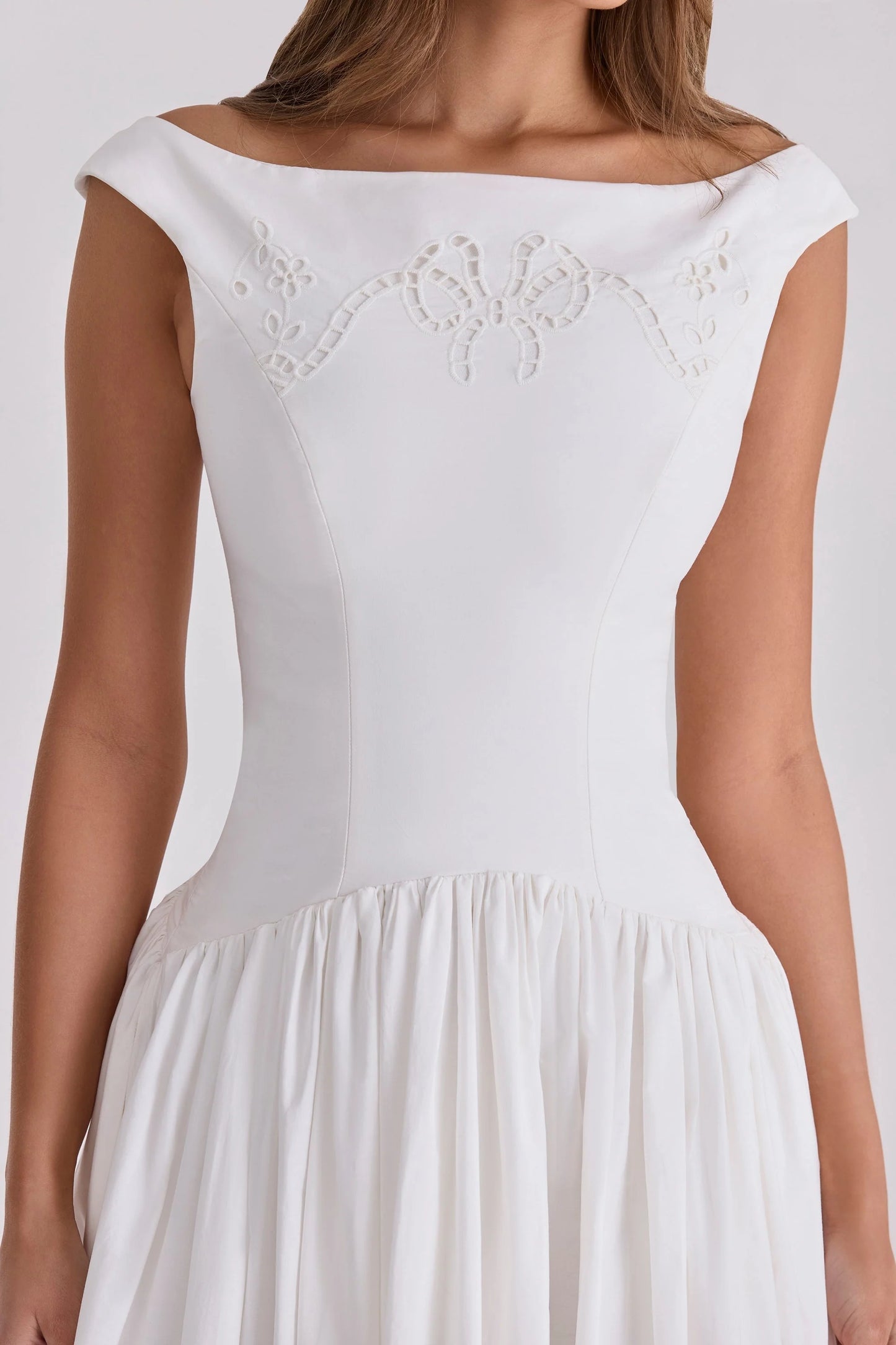 white cotton broderie anglaise boat neck maxi dress