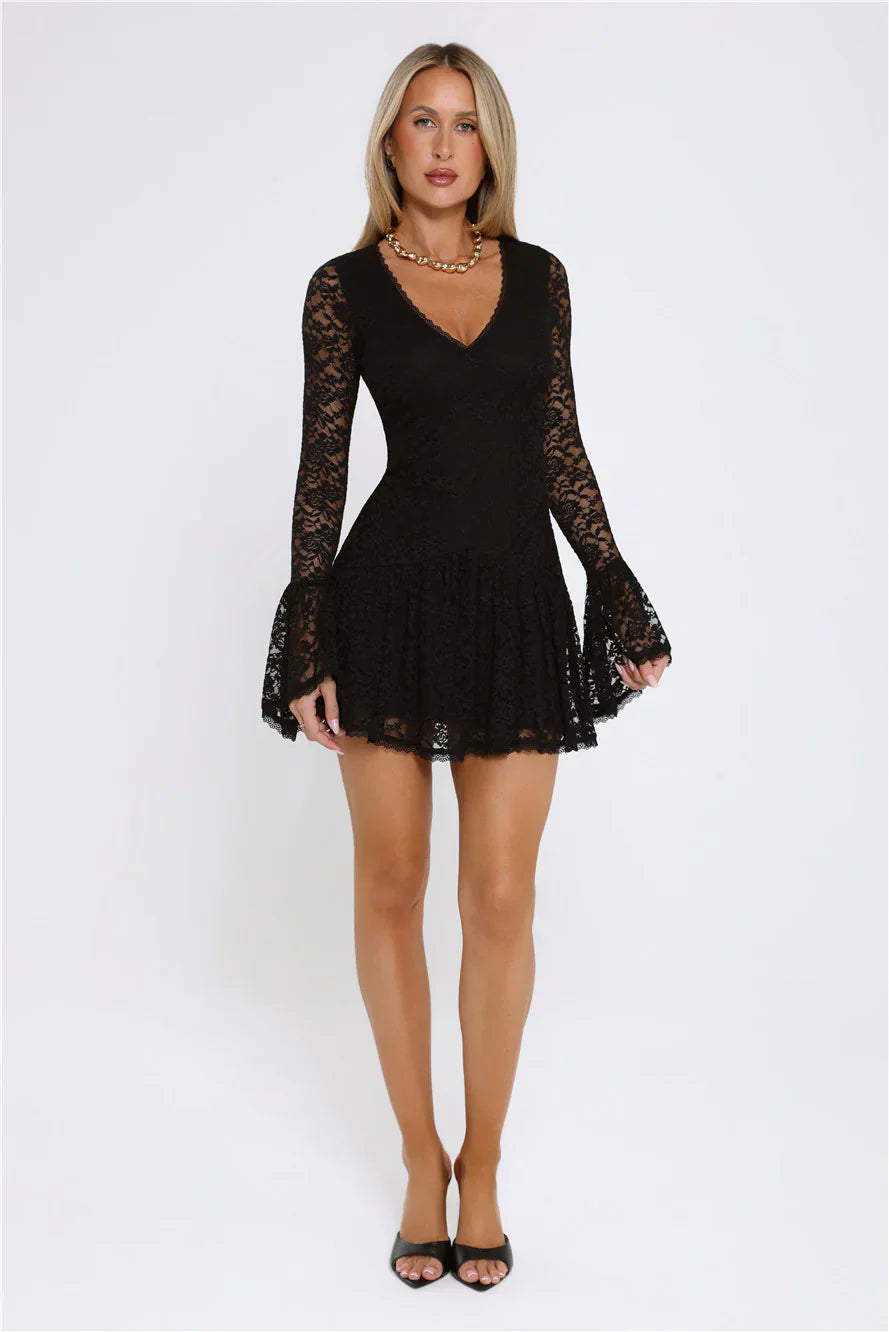 Gilded Lace Nights Long Sleeve Mini Dress Black