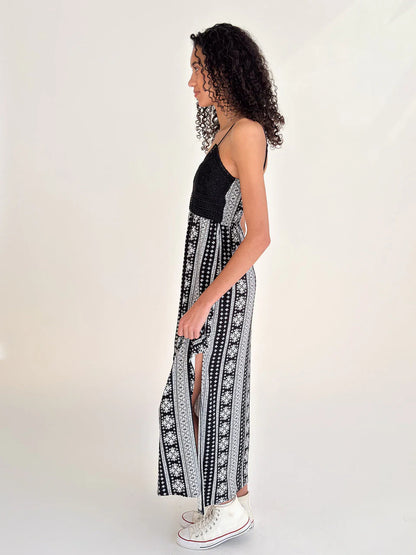 Lace Top Border Print Maxi Dress