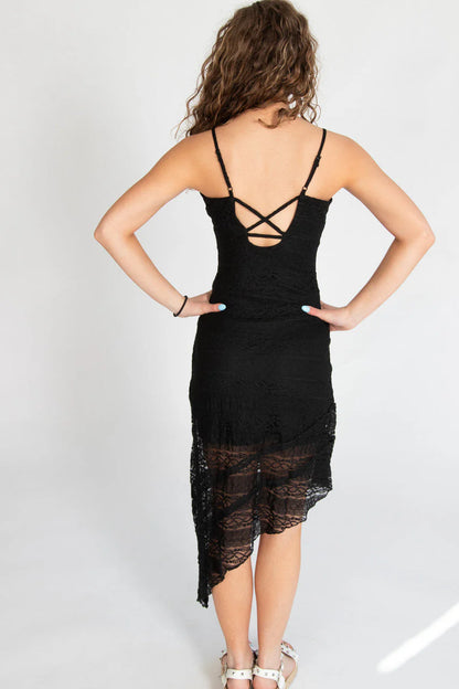 Asymmetrical Hem Lace Midi Dress
