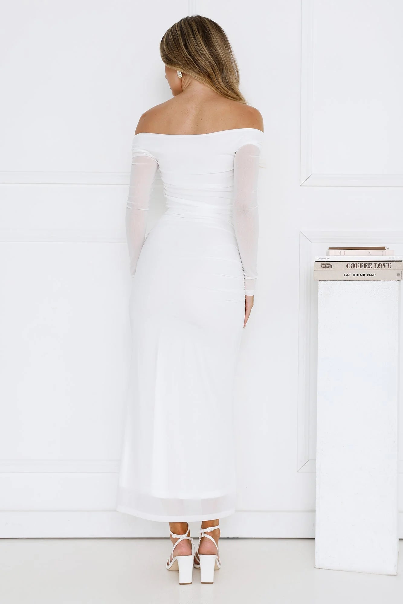 Curve Embrace Off Shoulder Mesh Maxi Dress White