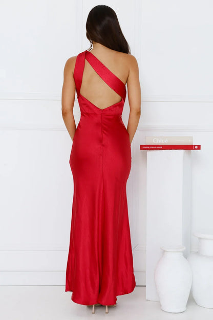 Graceful Elegance One Shoulder Satin Maxi Dress Red