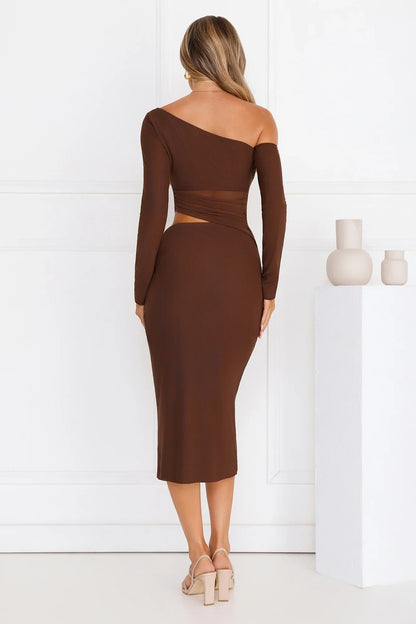More To Want Long Sleeve Mesh Midi Dress Brown