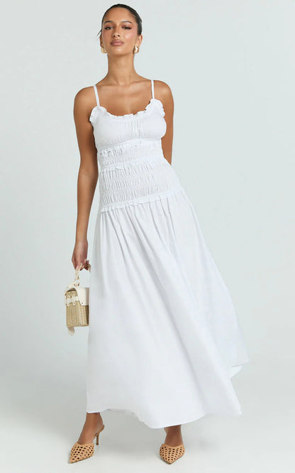 Cami Midi Dress - Rushed Bodice Dress in White