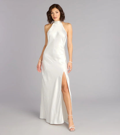 Andie Halter Open Back Slit Satin Formal Dress