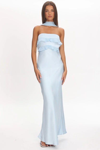 Damsel Reverse Halter Frill Trim Maxi Dress Baby Blue