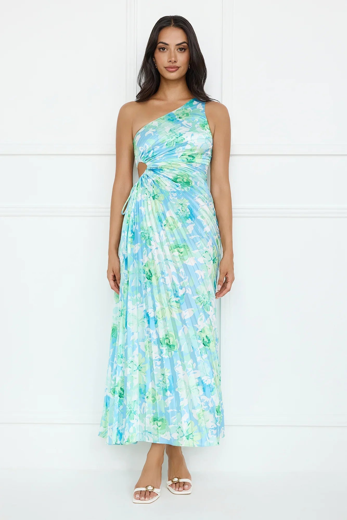 Emerald Ice One Shoulder Satin Pleated Maxi Dress Blue