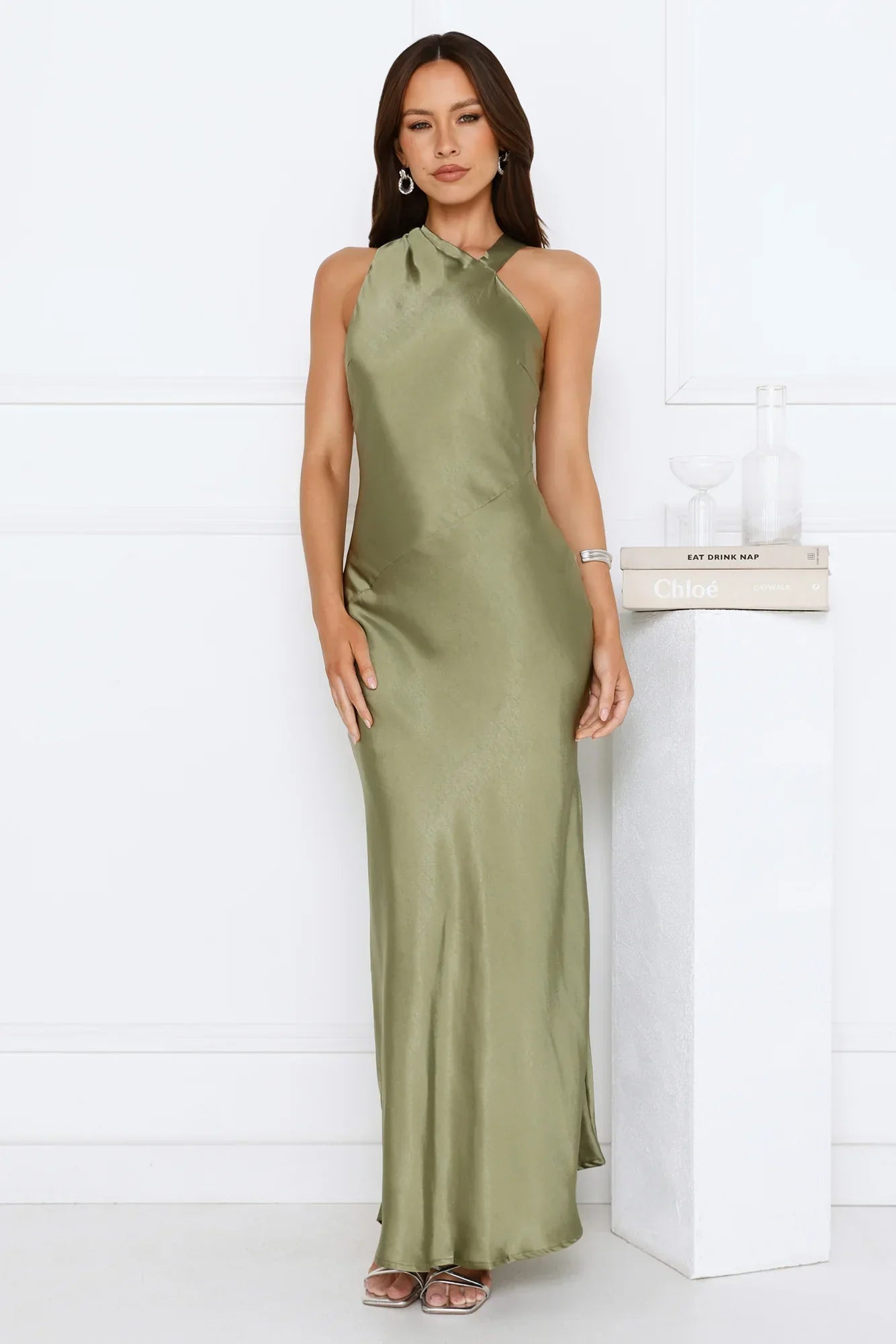 Glow Up Gal Satin Maxi Dress Green