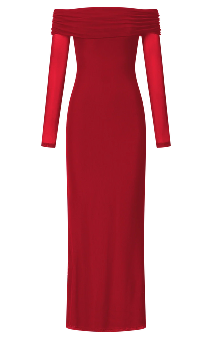 Bethanie Maxi Dress - Off The Shoulder Mesh Dress in Red