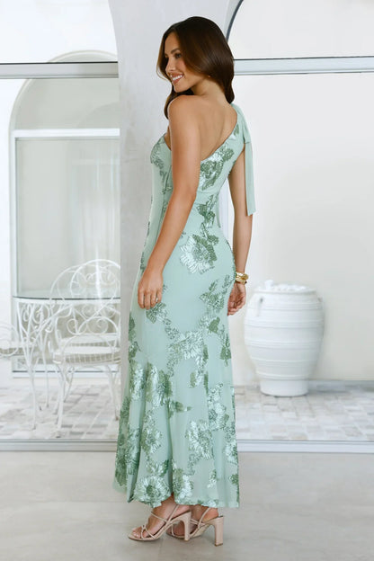 Evening Charm One Shoulder Maxi Dress Sage