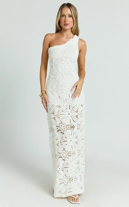Charlene Maxi Dress - Crochet Knitted One Shoulder Maxi Dress in White