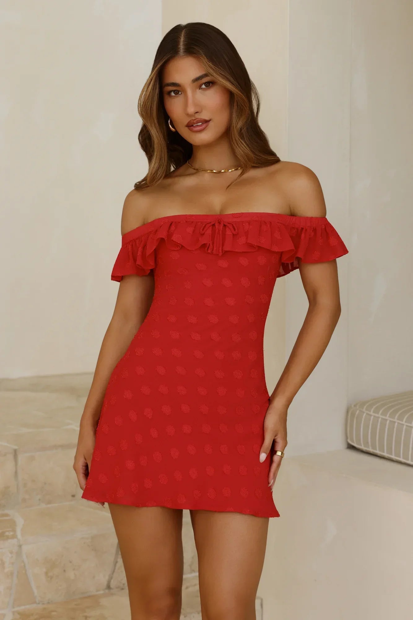 Darling Pop Off Shoulder Mini Dress Red