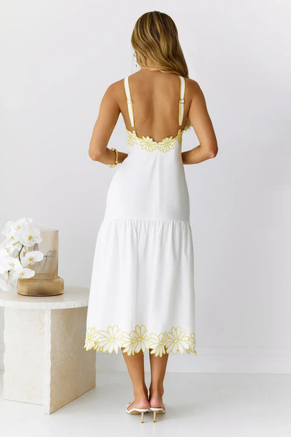 Golden Petals Midi Dress White