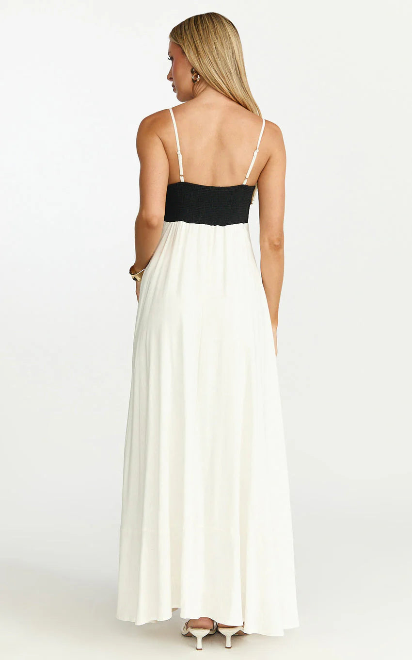 Katrien Maxi Dress - Strappy Empire Waist Flare Dress in Black & White