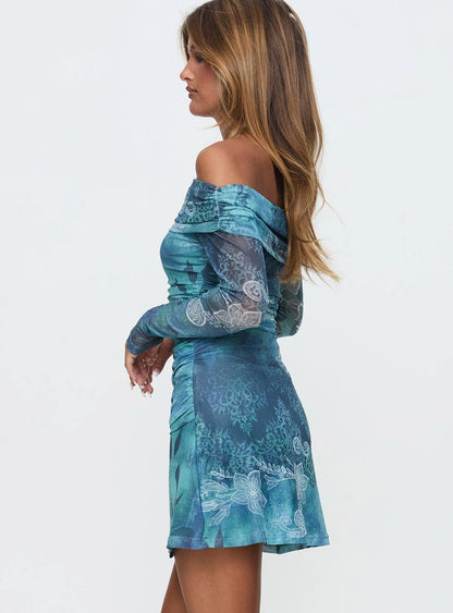 Olympique Long Sleeve Mini Dress Blue Multi