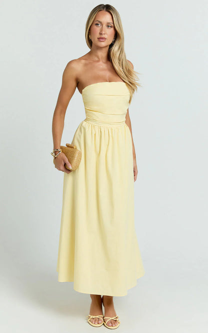 Polly Midi Dress - Strapless Ruched Dress in Lemon