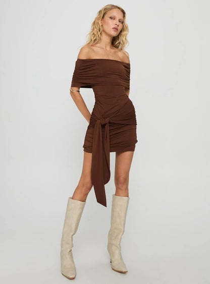 Island Girl Tie Skirt Mini Dress Brown