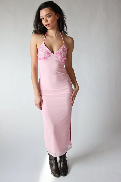 Sequin Beaded Halter Maxi Dress