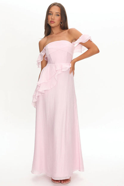 Natale Off-Shoulder Ruffle Maxi Dress Pink