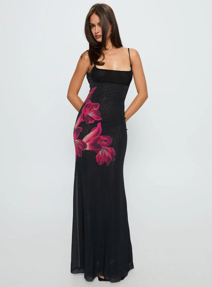 Fiadora Mesh Maxi Dress Black Floral