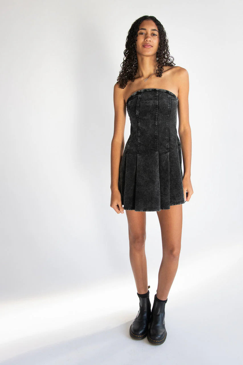 Corduroy Pleated Strapless Mini Dress