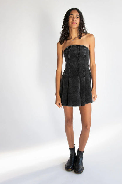 Corduroy Pleated Strapless Mini Dress