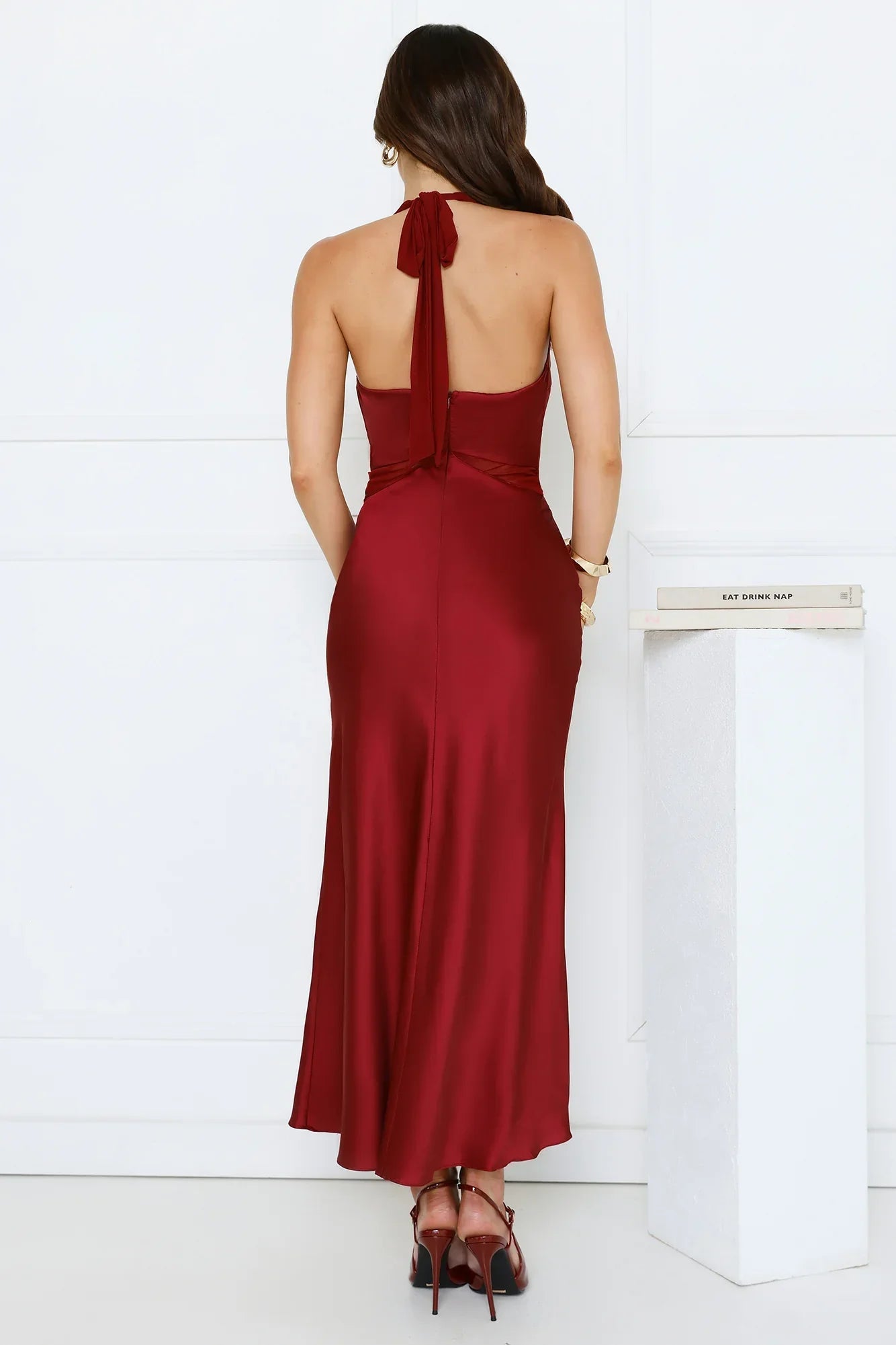 Nocturnal Bloom Satin Halter Maxi Dress Plum