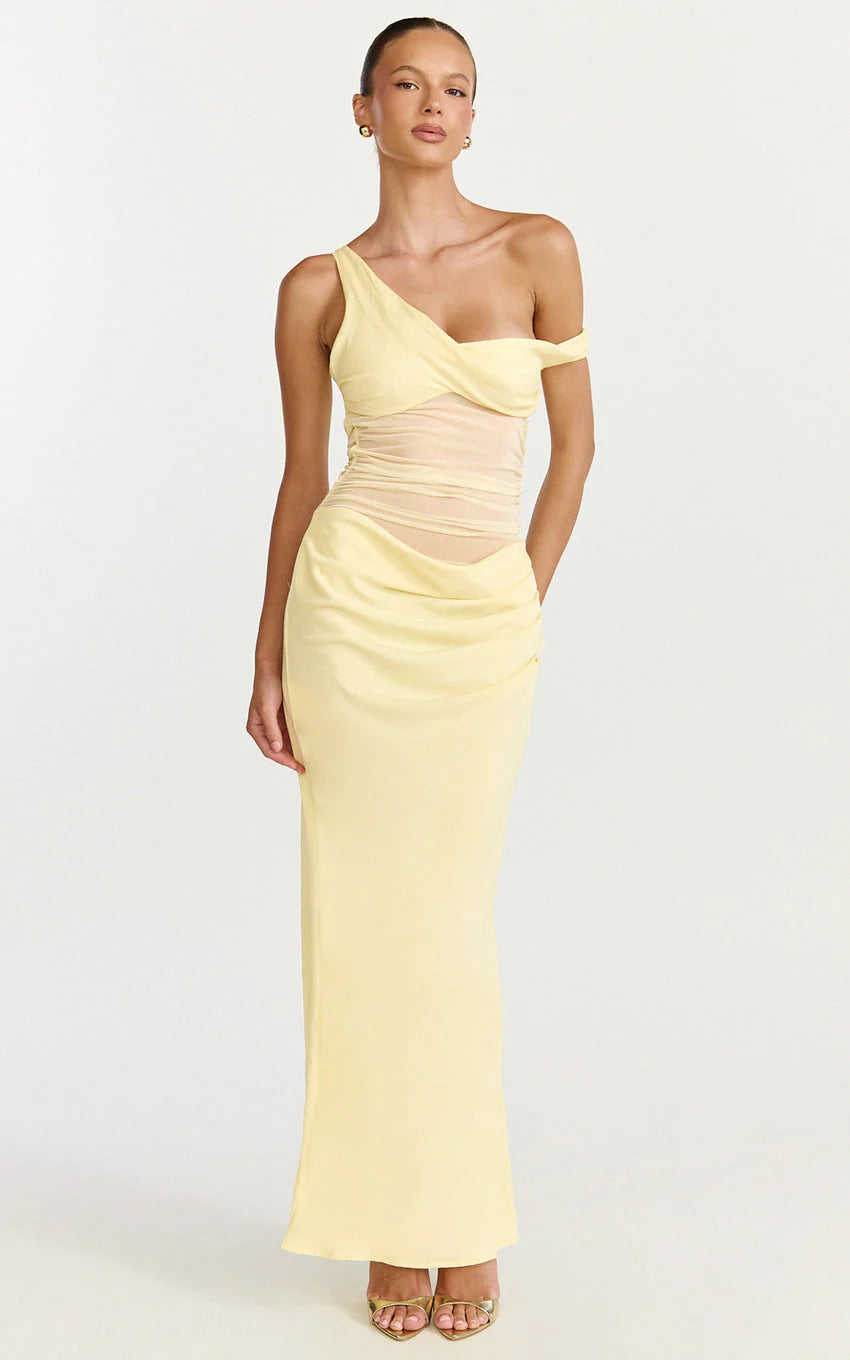 Elias Maxi Dress - Twisted One Shoulder Cowl Dropped Waist Dress in Lemon