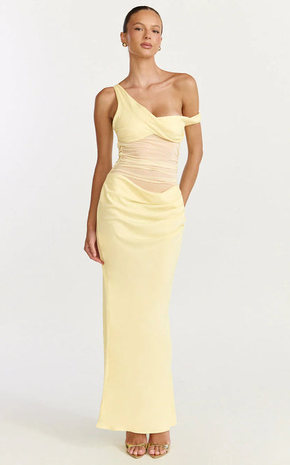 Elias Maxi Dress - Twisted One Shoulder Cowl Dropped Waist Dress in Lemon