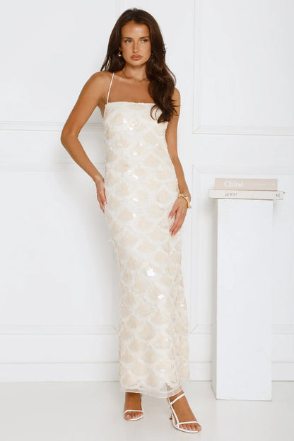 After Party Edit Halter Sequin Maxi Dress Cream