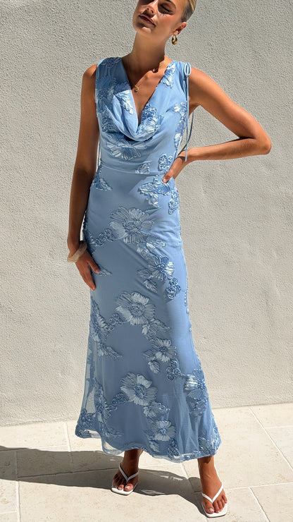 Nikova Maxi Dress - Blue Embroidery